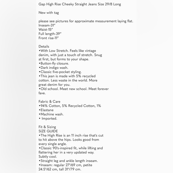 NWT Gap High Rise Cheeky Straight Jeans Size 29/8 Long - Picture 13 of 13